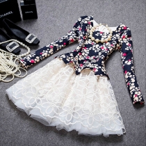 Fashion Floral Print Round Neck Long-sleeved Dress