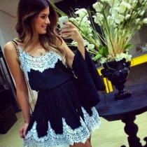 Fashion Contrast Color Lace Spliced Sling Dress