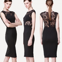 Sexy Black Hollow Out Lace Spliced Short Sleeve Dress