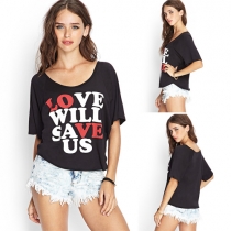 Fashion Letters Print Round Neck Short Sleeve Loose T-shirt