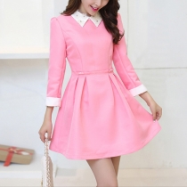 Fashion Beads Turn-down Collar Contrast Color Long Sleeve Dress