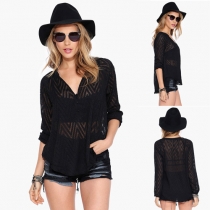 Sexy V-neck See-through Wave Pattern Long Sleeve Lace Tops