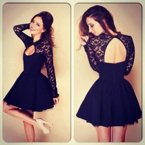 Sexy Backless Hollow Out Lace Spliced Long Sleeve Black Dress