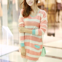 Sweet Contrast Color Stripes Round Neck Long Sleeve Sweater