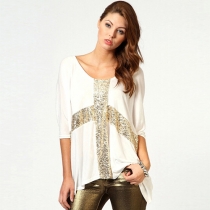 Fashion Cross Shaped Sequins Round Neck Half Sleeve Loose T-shirt