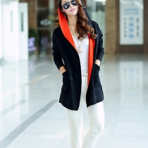 Fashion Contrast Color Hooded Long Sleeve Knitting Cardigan