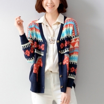 Fashion Contrast Color Pony Pattern V-neck Knitting Cardigan