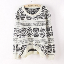 Fashion Blue and White Porcelain Kintting Long-sleeved Sweater Pullover