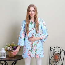 Fashion Peach Floral Print Flare Sleeve Trench Coat