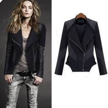 Fashion PU Leather Spliced LOng Sleeve Coat Jacket