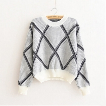 Fashion Contrast Color Rhombus Grid Round Neck Knitting Sweater