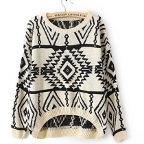 Fashion Geometric Rhombus Contrast Color Knitting Long-sleeved Sweater Pullover