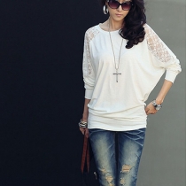 Fashion Hollow Out Lace Spliced Bat Sleeve Loose T-shirt