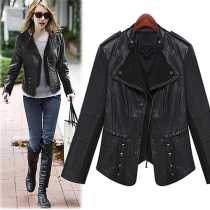 Fashion Rivets Pure Color Stand Collar PU Leather Coat