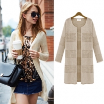 Fashion Round Neck Long Sleeve Hollow Out Knitting Cardigan