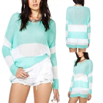 Fashion Contrast Color Strips Round Neck Long Sleeve Knitting Sweater