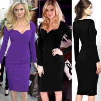 Sexy Low-cut V-neck Long Sleeve Pure Color Dress
