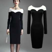 OL Style Contrast Color Round Neck Long Sleeve Dress