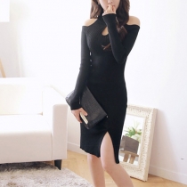 Sexy Off-shoulder Slit Black Knitting Dress