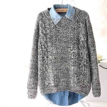 Retro Mixed Color Round Neck Long Sleeve Loose Knitting Sweater