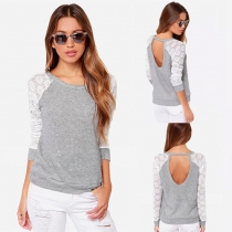 Sexy Hollow Out Backless Lace Spliced Long Sleeve Knitting T-shirt