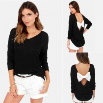 Fashion Contrast Color Backless Bowknot Long Sleeve T-shirt