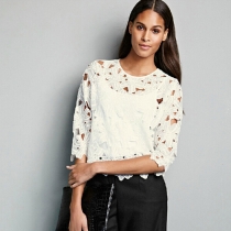 Sexy Hollow Out Round Neck Half Sleeve Lace T-shirt