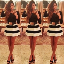 Fashion Black&White Stripes Round Neck Long Sleeve Dress