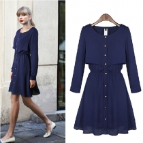 Fashion Single-breasted Long Sleeve Solid Color Dress