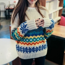 Fashion Mixed Color Round Neck Long Sleeve Pullover Sweater