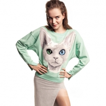 Cute Cat Print Zipper Cuff Round Neck Long Sleeve Sweatshirt