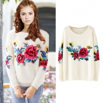 Rose Print Round Neck Long Sleeve Knitting Pullover Sweater