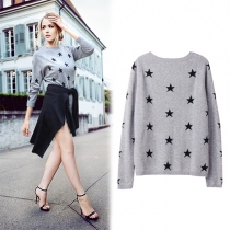 Fashion Stars Print Round Neck Long Sleeve Knitting Pullover Sweater