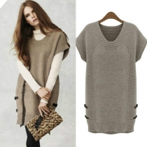 Fashion Solid Color Round Neck Short Sleeve Loose Knitting Sweater