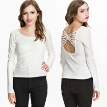 Fashion Backless Round Neck Long Pure Color Sleeve T-shirt