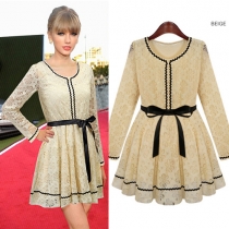 Sweet Contrast Color Bowknot LOng Sleeve Lace Dress