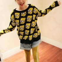 Fashion Simpson Floral Print Round Neck Long Sleeve Knitting Sweater