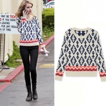 Fashion Contrast Color Rhombus Pattern Knitting Sweater