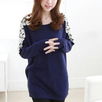 Fashion Crochet Lace Spliced Round Neck Long Sleeve T-shirt