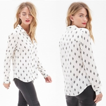 Fashion Rhombus Print Long Sleeve POLO Collar Chiffon Shirt