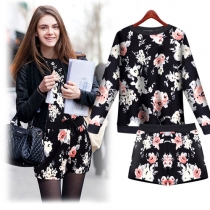 Fashion Floral Print Long Sleeve Tops + Shorts Two-piece Set