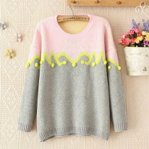 Fashion Contrast Color Round Neck Long Sleeve Pullover Sweater