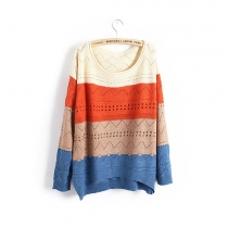 Fashion Contrast Color Hollow Out Knitting Sweater