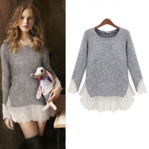 Fashion Lace Spliced Round Neck Long Sleeve Knitting Tops