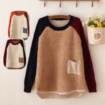 Fashion Contrast Color Faux Suede Spliced Knitted Sweater
