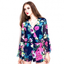 Fashion Floral Print V-neck Flouncing Sleeve Chiffon Jumpsuit Shorts