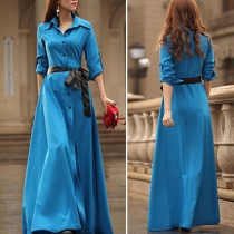Bohemian Style Pure Color POLO Collar Floor-length Dress