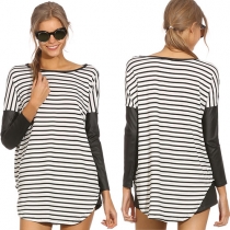 Fashion Contrast Color Stripes Round Neck Long Sleeve T-shirt