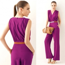 OL Style Deep V-neck Sleeveless Solid Color Jumpsuit