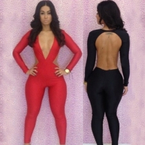 Sexy Backless Deep V-neck Long Sleeve Jumpsuit